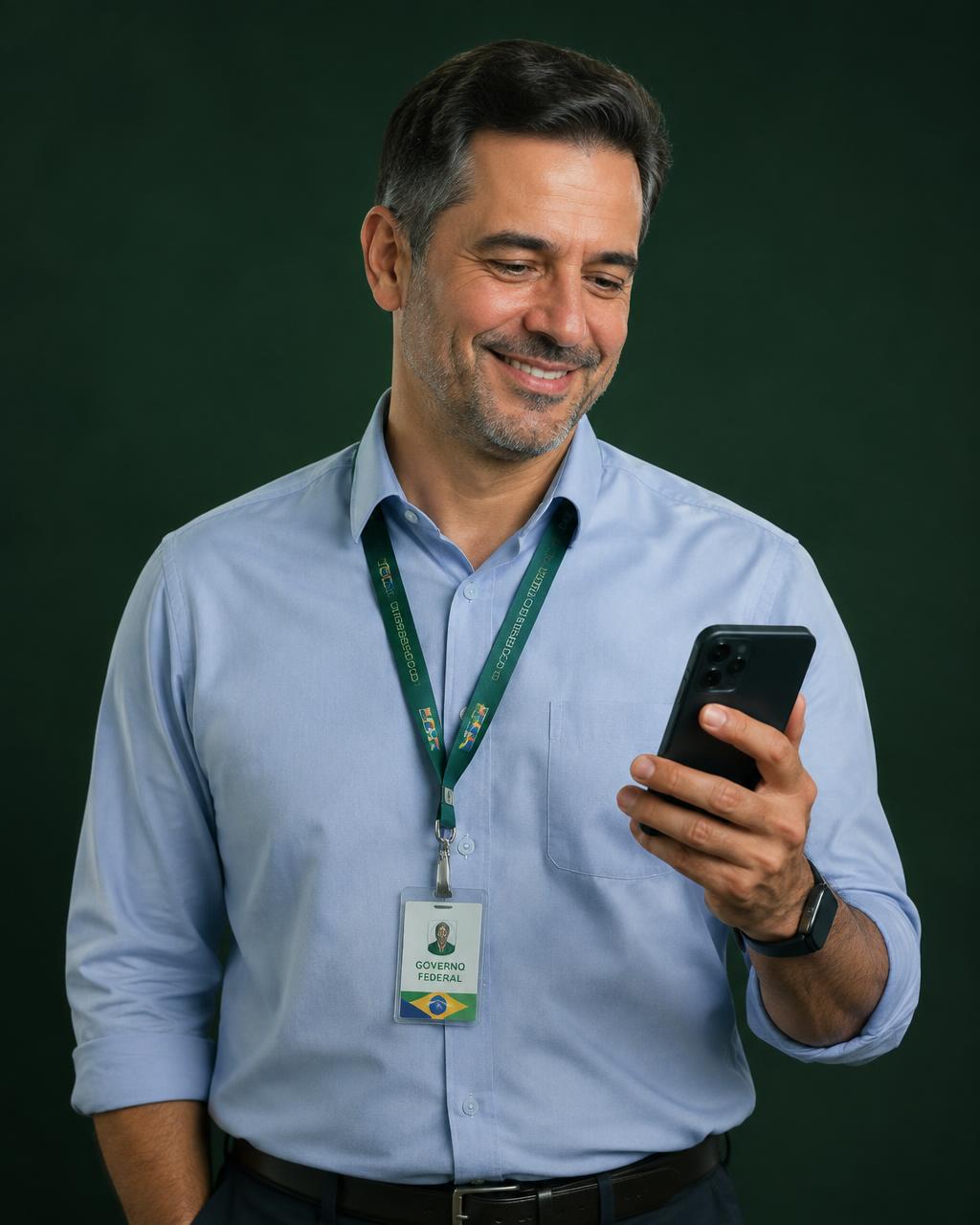Servidor federal sorrindo enquanto simula crédito consignado no celular